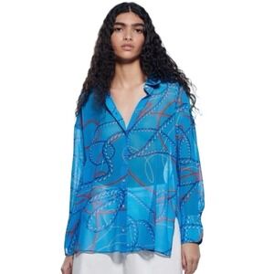 Zara Blue Nautical Rope Oversized Button Down Collared Blouse Size Medium